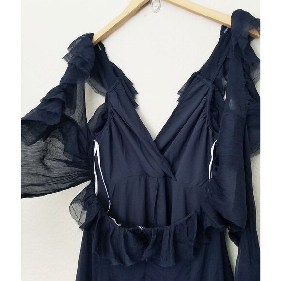 NEW Lulus Navy Blue Ruffled Tie-Back Maxi Dress S Gown Chiffon Fairy Romantic - Picture 13 of 16